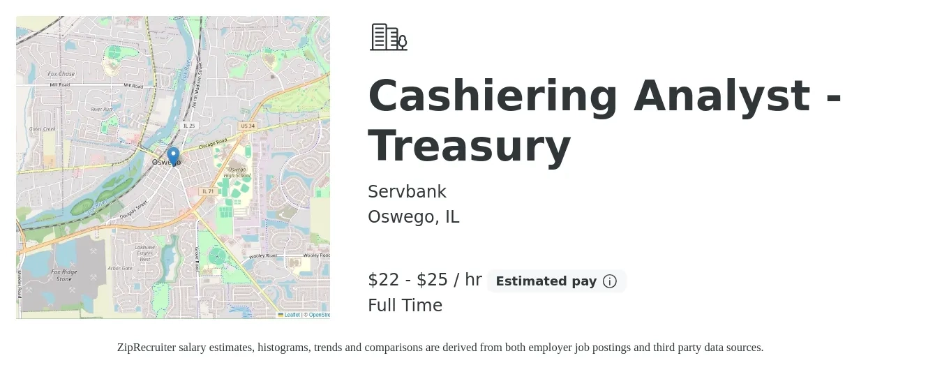 Servbank job posting for a Cashiering Analyst - Treasury in Oswego, IL with a salary of $23 to $27 Hourly with a map of Oswego location.