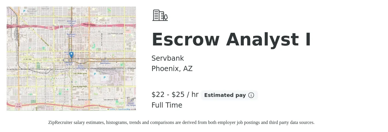 Servbank job posting for a Escrow Analyst I in Phoenix, AZ with a salary of $23 to $27 Hourly with a map of Phoenix location.