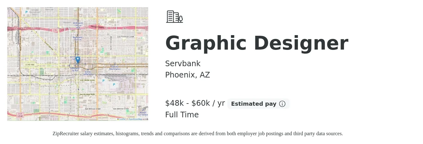 Servbank job posting for a Graphic Designer in Phoenix, AZ with a salary of $48,000 to $60,000 Yearly with a map of Phoenix location.