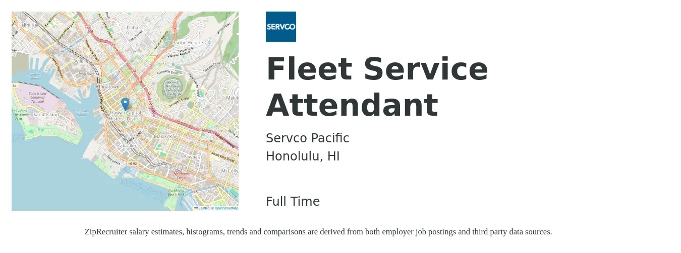 Servco Pacific job posting for a Fleet Service Attendant in Honolulu, HI with a salary of $16 to $20 Hourly with a map of Honolulu location.