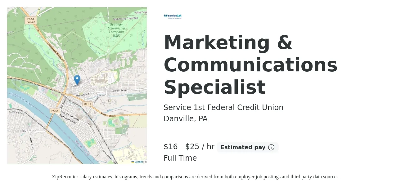 Service 1st Federal Credit Union job posting for a Marketing & Communications Specialist in Danville, PA with a salary of $18 to $26 Hourly with a map of Danville location.