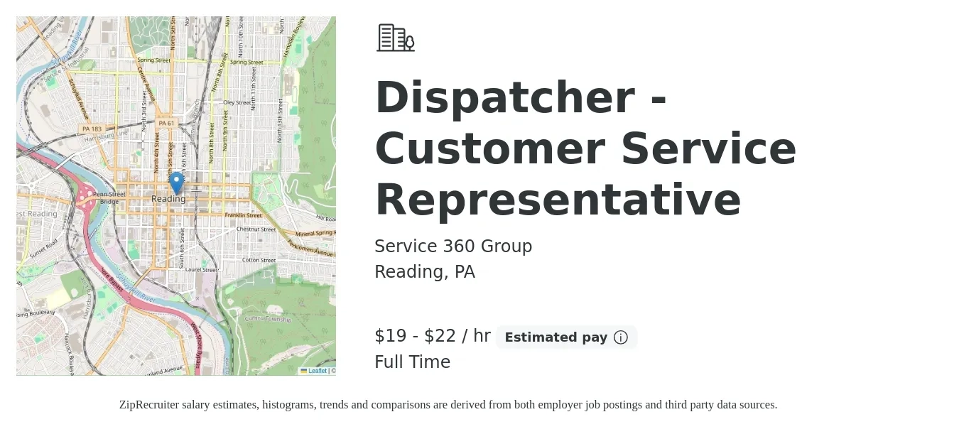Service 360 Group job posting for a Dispatcher - Customer Service Representative in Reading, PA with a salary of $20 to $23 Hourly with a map of Reading location.