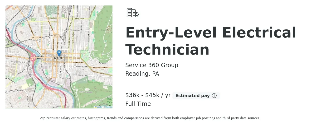 Service 360 Group job posting for a Entry-Level Electrical Technician in Reading, PA with a salary of $36,000 to $45,000 Yearly with a map of Reading location.