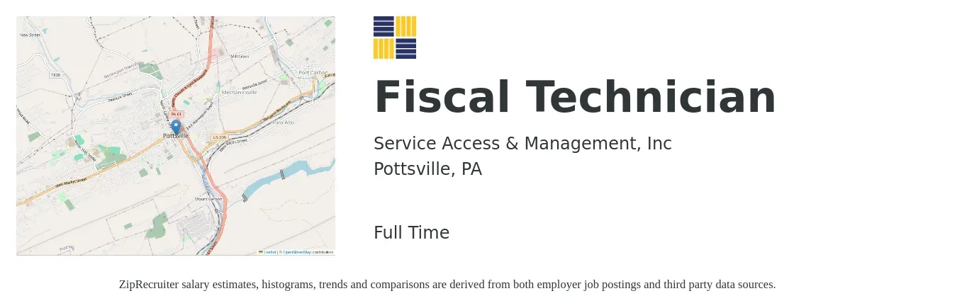 Service Access & Management, Inc job posting for a Fiscal Technician in Pottsville, PA with a salary of $33,400 to $44,400 Yearly with a map of Pottsville location.