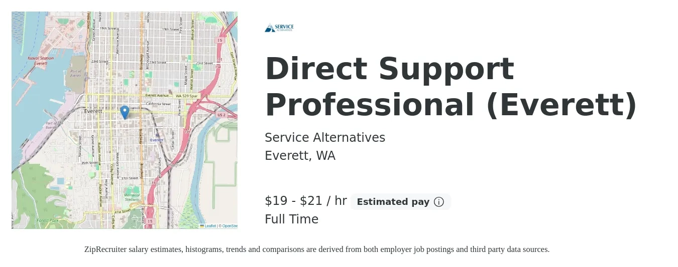 Service Alternatives job posting for a Direct Support Professional (Everett) in Everett, WA with a salary of $20 to $22 Hourly with a map of Everett location.