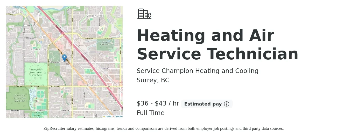 Service Champion Heating and Cooling job posting for a Heating and Air Service Technician in Surrey, BC with a salary of $38 to $45 Hourly with a map of Surrey location.