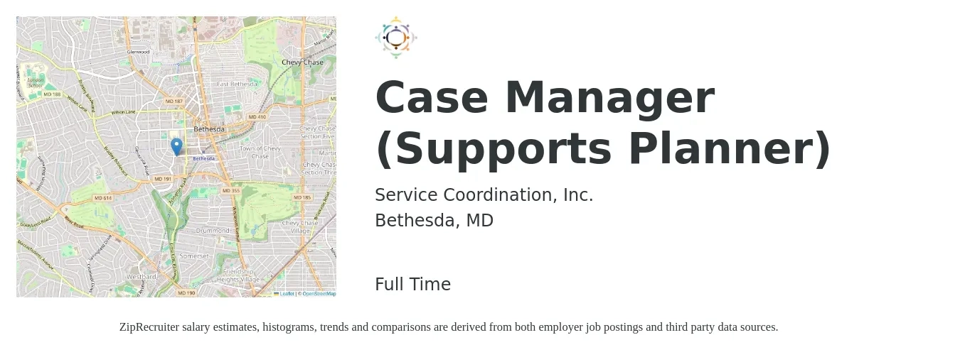 Service Coordination, Inc. job posting for a Case Manager (Supports Planner) in Bethesda, MD with a salary of $54,000 to $58,900 Yearly with a map of Bethesda location.