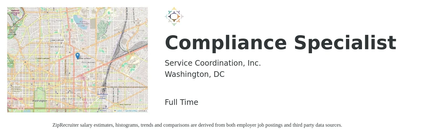 Service Coordination, Inc. job posting for a Compliance Specialist in Washington, DC with a salary of $54,900 to $88,900 Yearly with a map of Washington location.