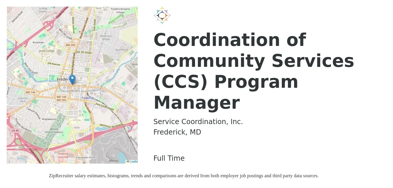 Service Coordination, Inc. job posting for a Coordination of Community Services (CCS) Program Manager in Frederick, MD with a salary of $52,700 to $88,500 Yearly with a map of Frederick location.