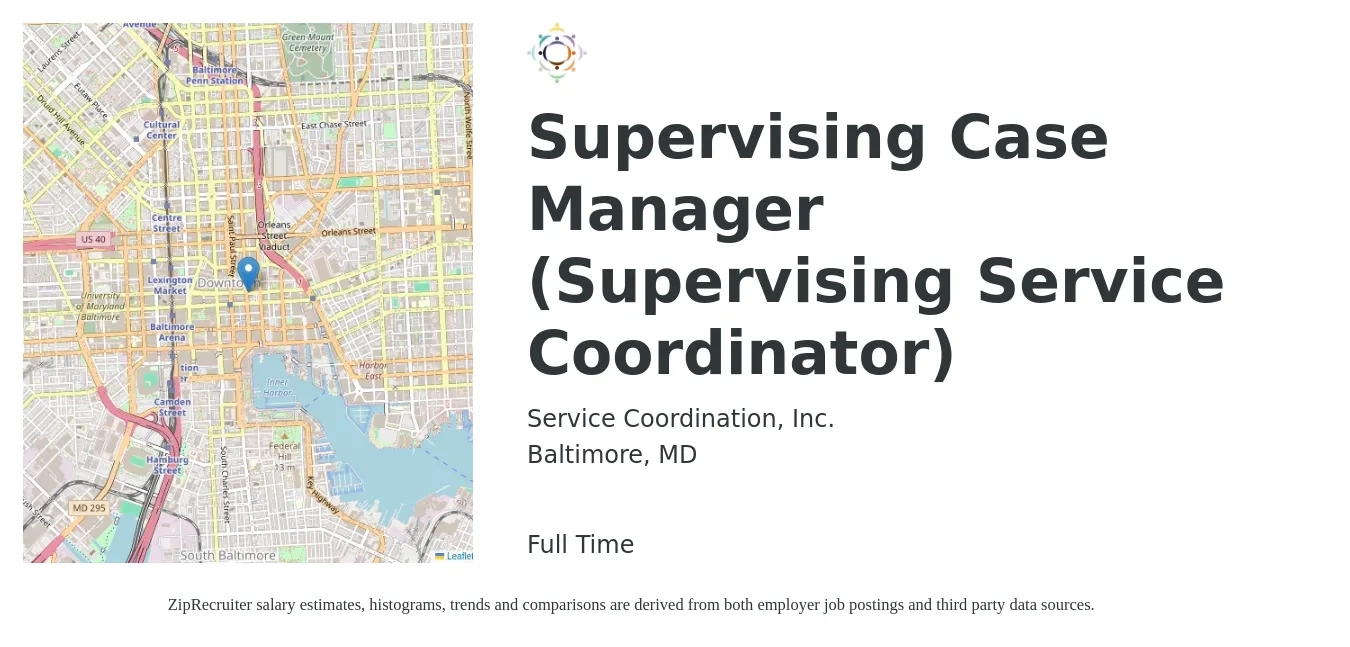 Service Coordination, Inc. job posting for a Supervising Case Manager (Supervising Service Coordinator) in Baltimore, MD with a map of Baltimore location.