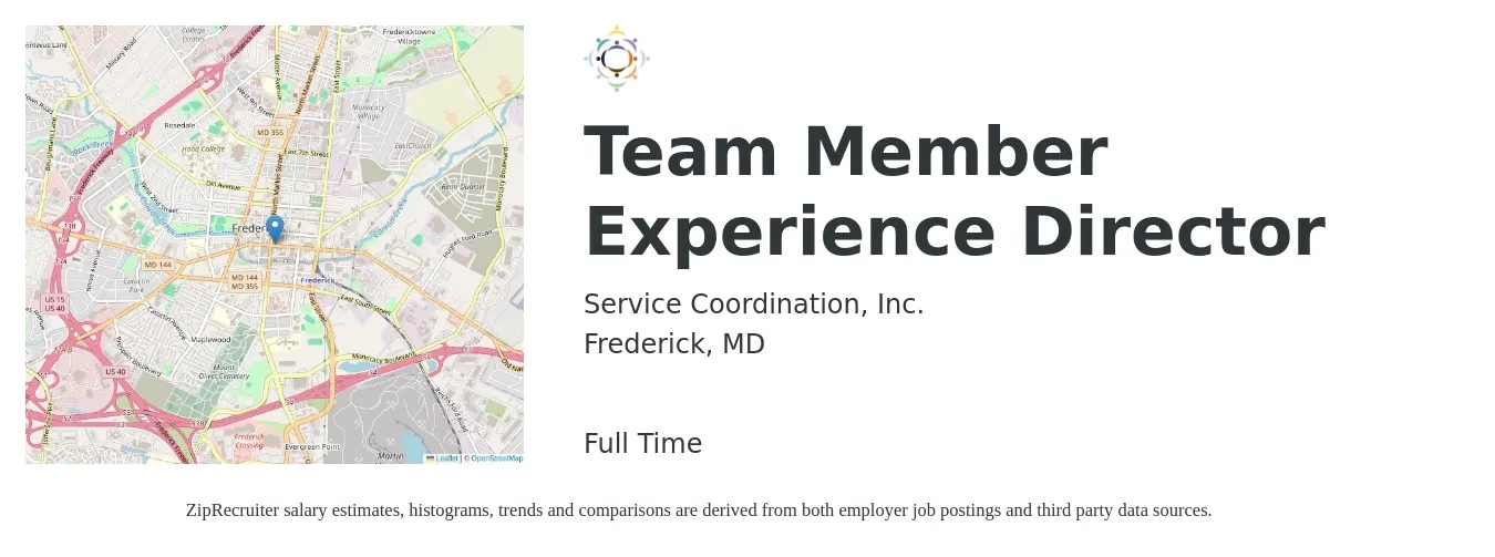 Service Coordination, Inc. job posting for a Team Member Experience Director in Frederick, MD with a salary of $59,700 to $109,400 Yearly with a map of Frederick location.