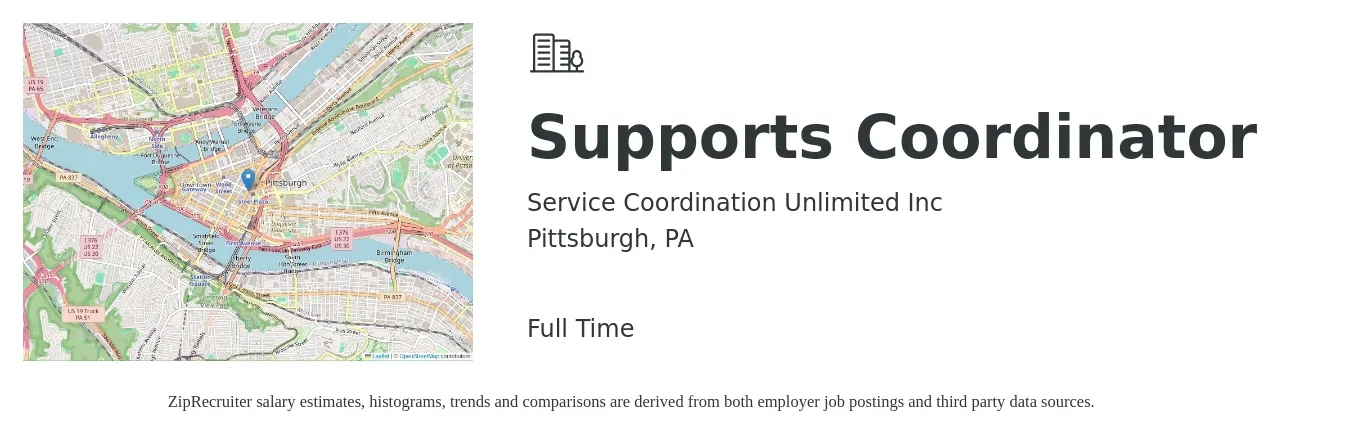 Service Coordination Unlimited Inc job posting for a Supports Coordinator in Pittsburgh, PA with a salary of $19 to $25 Hourly with a map of Pittsburgh location.