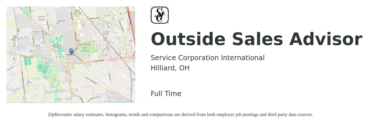 Service Corporation International job posting for a Outside Sales Advisor in Hilliard, OH with a salary of $49,600 to $85,100 Yearly with a map of Hilliard location.