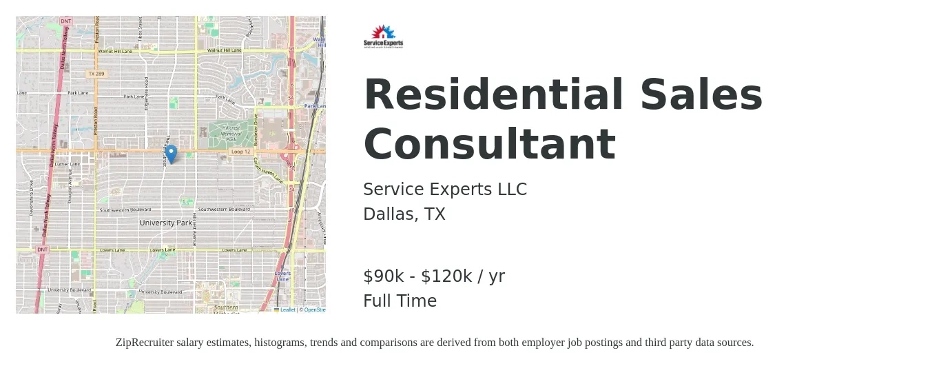 Service Experts LLC job posting for a Residential Sales Consultant in Dallas, TX with a salary of $90,000 to $120,000 Yearly with a map of Dallas location.