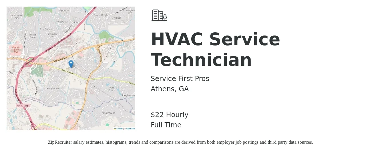 Service First Pros job posting for a HVAC Service Technician in Athens, GA with a salary of $23 Hourly with a map of Athens location.