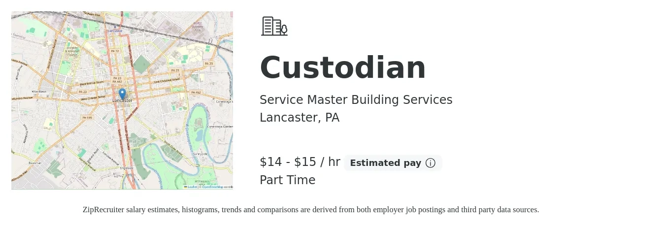 Service Master Building Services job posting for a Custodian in Lancaster, PA with a salary of $15 to $16 Hourly with a map of Lancaster location.