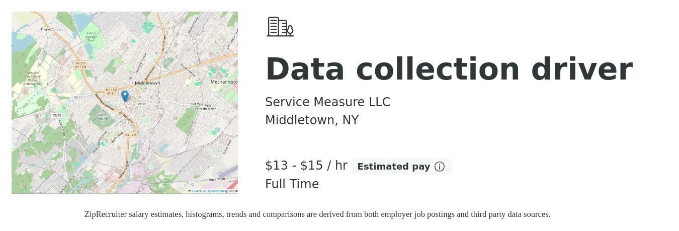 Service Measure LLC job posting for a Data collection driver in Middletown, NY with a salary of $14 to $16 Hourly with a map of Middletown location.