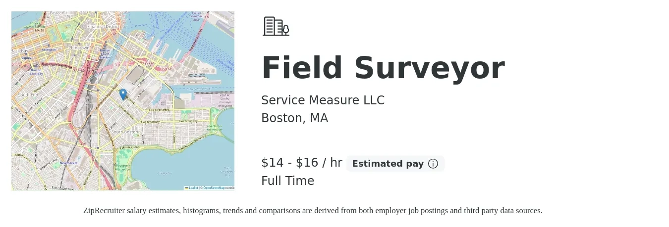 Service Measure LLC job posting for a Field Surveyor in Boston, MA with a salary of $15 to $17 Hourly with a map of Boston location.