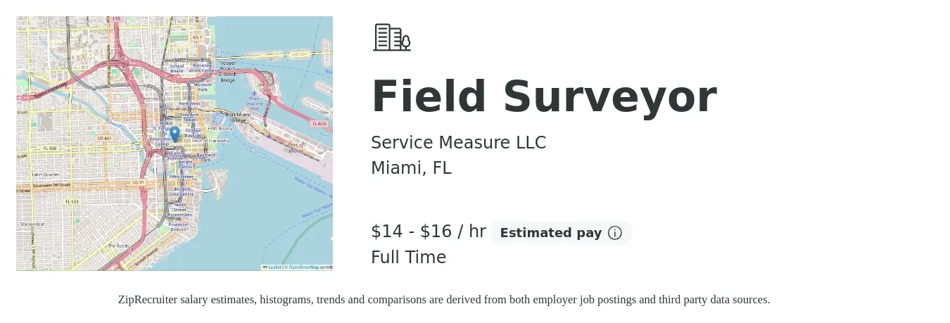 Service Measure LLC job posting for a Field Surveyor in Miami, FL with a salary of $15 to $17 Hourly with a map of Miami location.