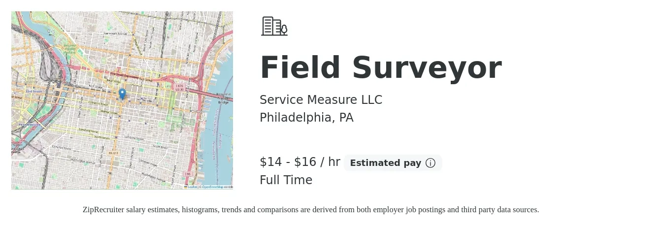 Service Measure LLC job posting for a Field Surveyor in Philadelphia, PA with a salary of $15 to $17 Hourly with a map of Philadelphia location.
