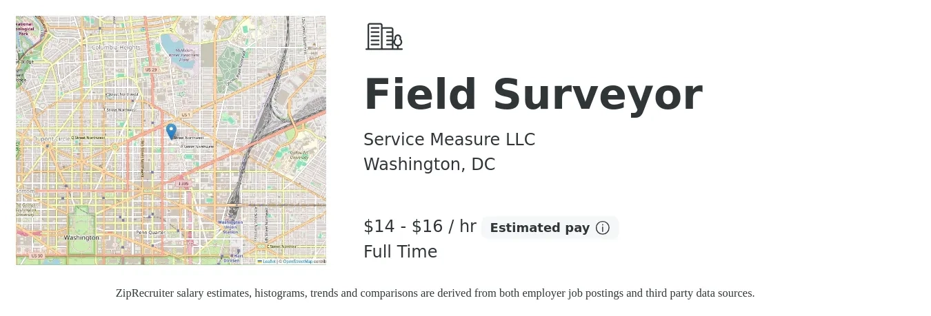 Service Measure LLC job posting for a Field Surveyor in Washington, DC with a salary of $15 to $17 Hourly with a map of Washington location.