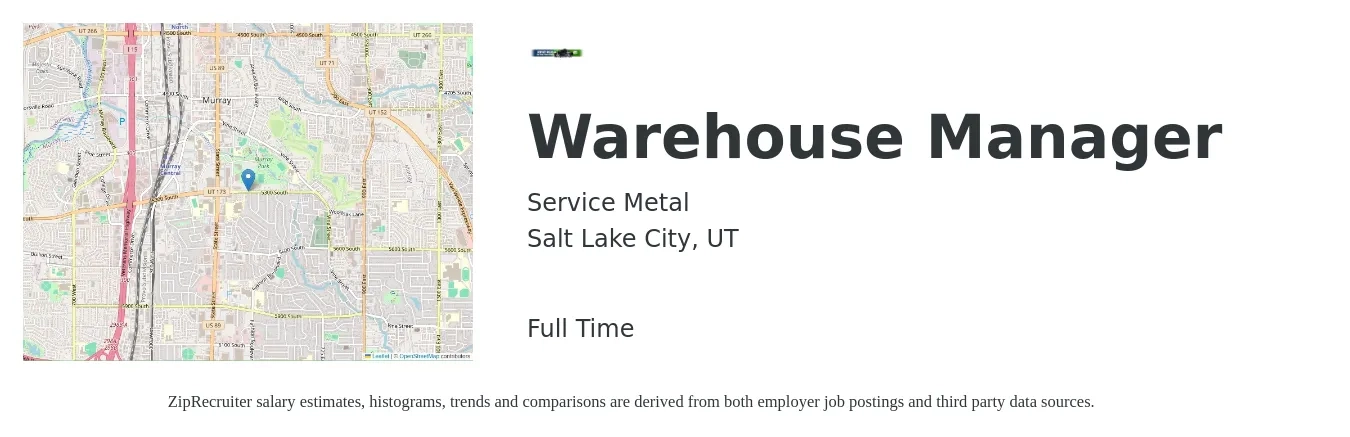 Service Metal job posting for a Warehouse Manager in Salt Lake City, UT with a salary of $44,600 to $63,300 Yearly with a map of Salt Lake City location.