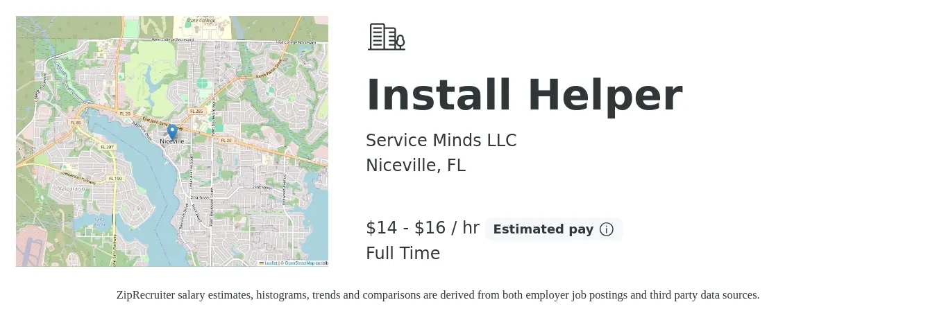 Service Minds LLC job posting for a Install Helper in Niceville, FL with a salary of $15 to $17 Hourly with a map of Niceville location.