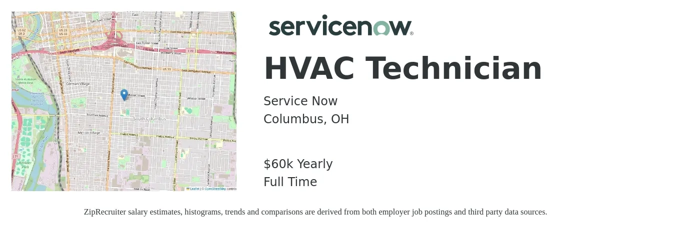 Service Now job posting for a HVAC Technician in Columbus, OH with a salary of $60,000 Yearly with a map of Columbus location.