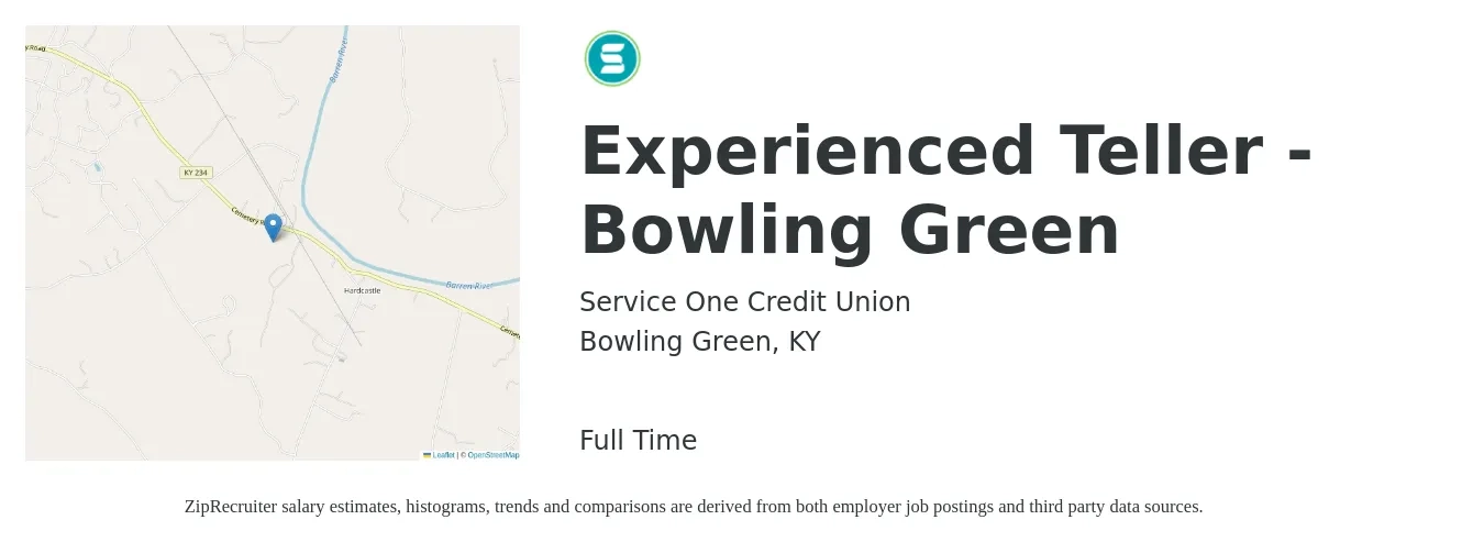 Service One Credit Union job posting for a Experienced Teller - Bowling Green in Bowling Green, KY with a salary of $14 to $18 Hourly with a map of Bowling Green location.