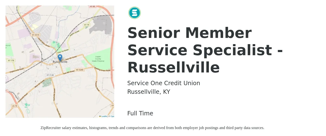 Service One Credit Union job posting for a Senior Member Service Specialist - Russellville in Russellville, KY with a map of Russellville location.