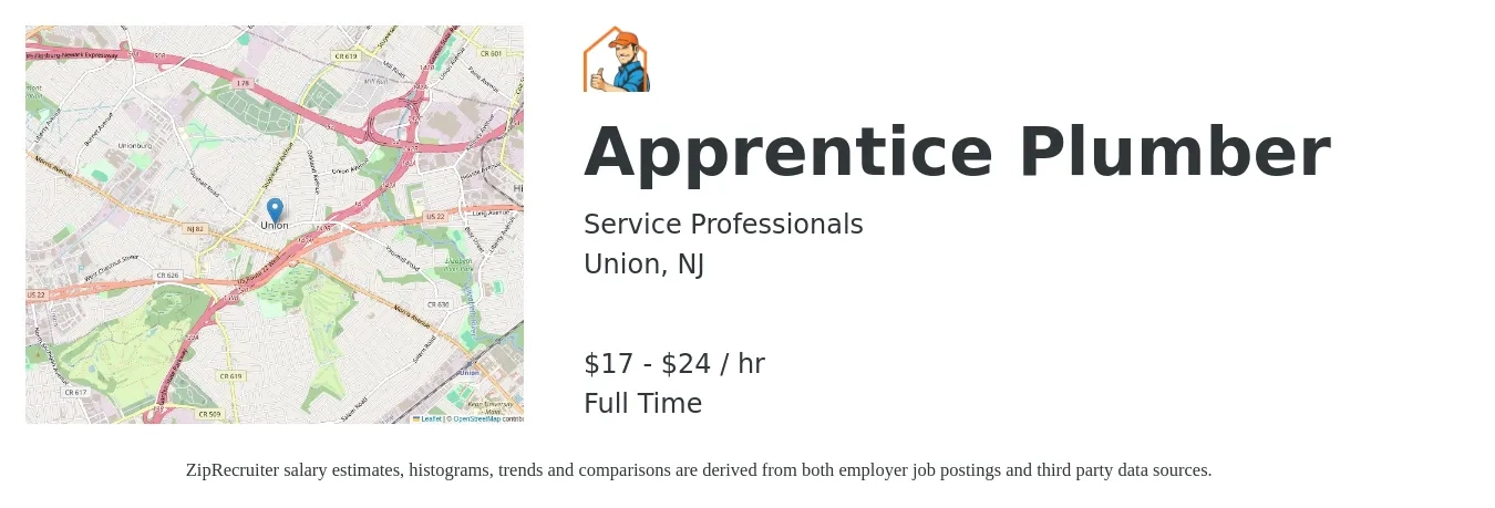 Service Professionals job posting for a Apprentice Plumber in Union, NJ with a salary of $18 to $25 Hourly with a map of Union location.