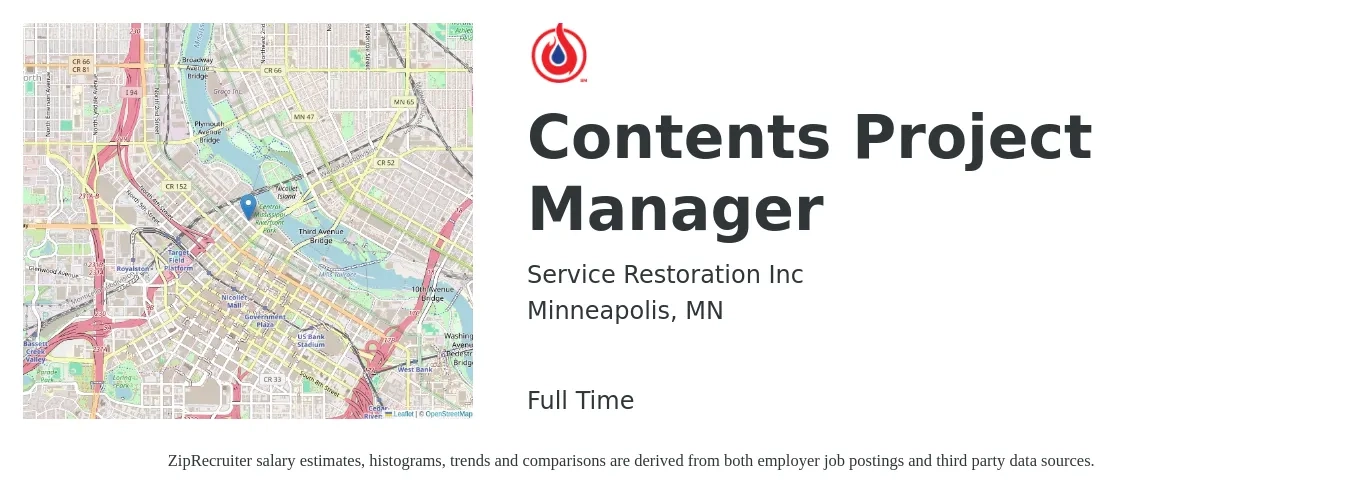 Service Restoration Inc job posting for a Contents Project Manager in Minneapolis, MN with a salary of $50,800 to $76,500 Yearly with a map of Minneapolis location.
