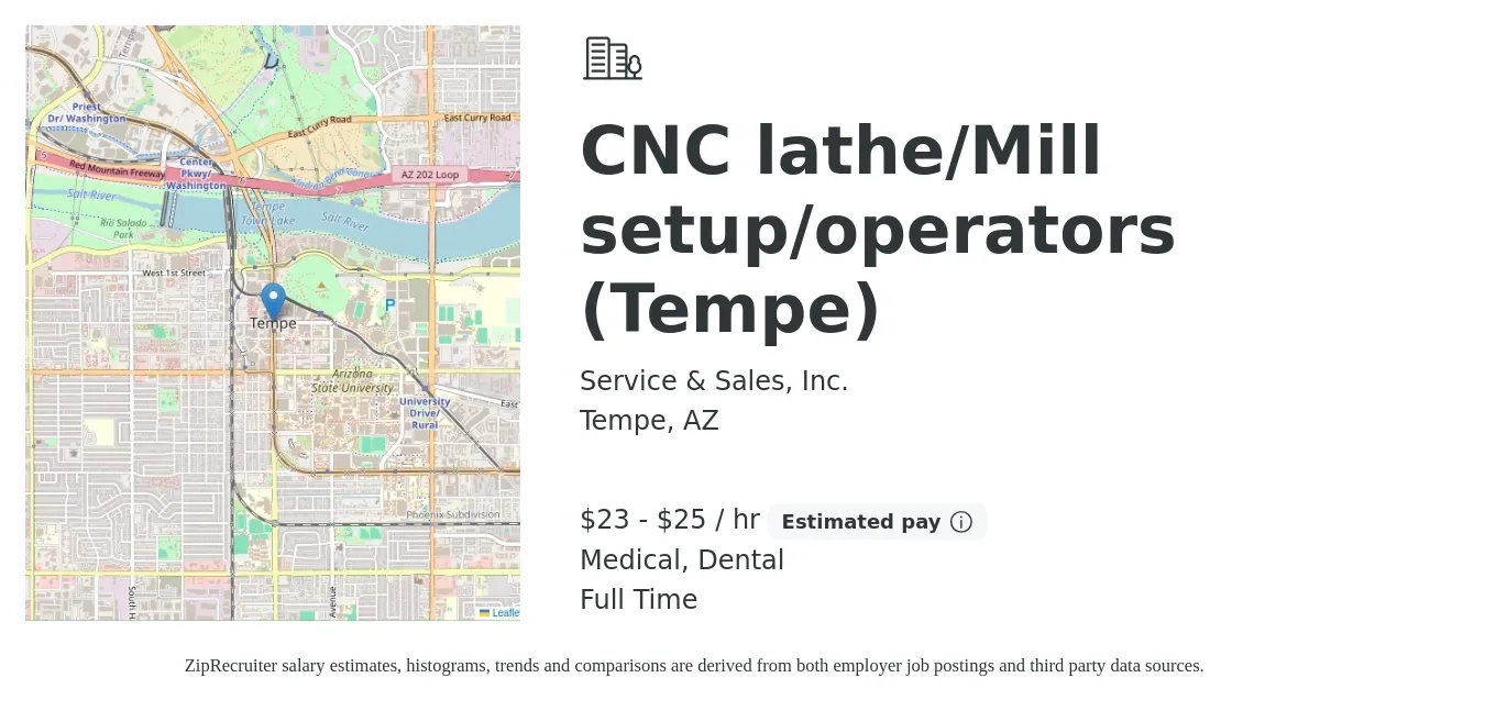 Service & Sales, Inc. job posting for a CNC lathe/Mill setup/operators (Tempe) in Tempe, AZ with a salary of $24 to $27 Hourly and benefits including dental, life_insurance, medical, pto, and retirement with a map of Tempe location.