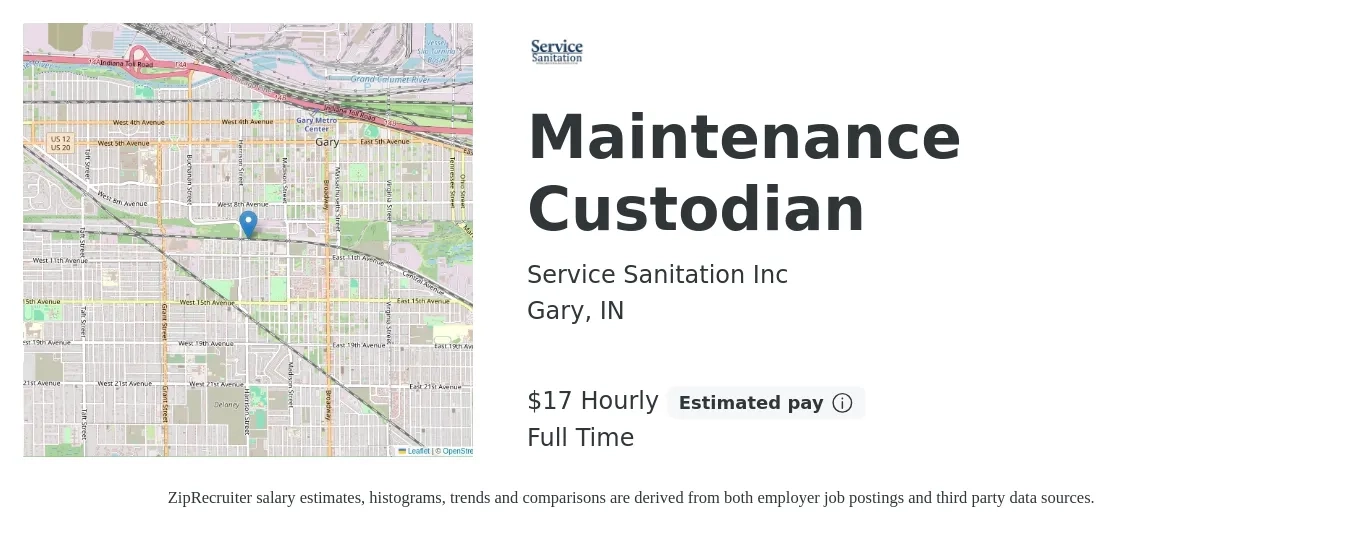 Service Sanitation Inc job posting for a Maintenance Custodian in Gary, IN with a salary of $18 Hourly with a map of Gary location.