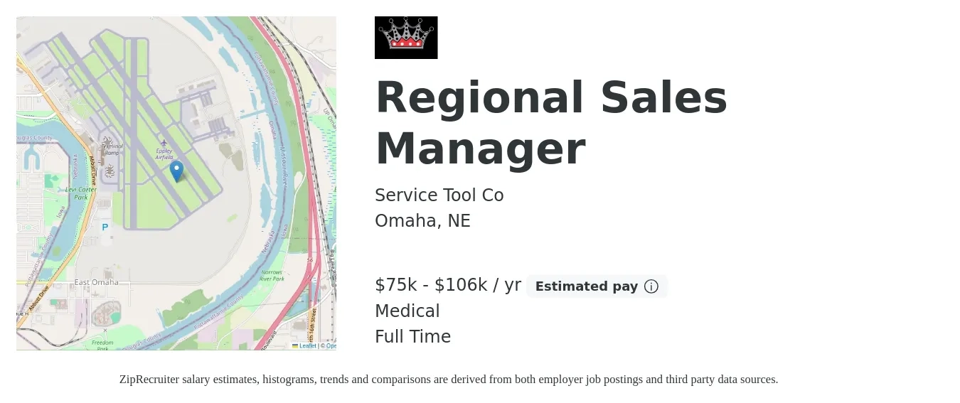 Service Tool Co job posting for a Regional Sales Manager in Omaha, NE with a salary of $75,000 to $106,000 Yearly and benefits including medical with a map of Omaha location.