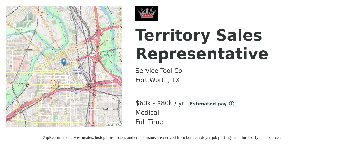 Service Tool Co job posting for a Territory Sales Representative in Fort Worth, TX with a salary of $60,000 to $80,000 Yearly and benefits including medical with a map of Fort Worth location.