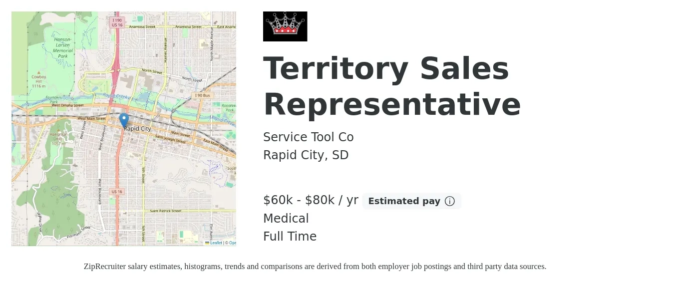 Service Tool Co job posting for a Territory Sales Representative in Rapid City, SD with a salary of $60,000 to $80,000 Yearly and benefits including medical with a map of Rapid City location.