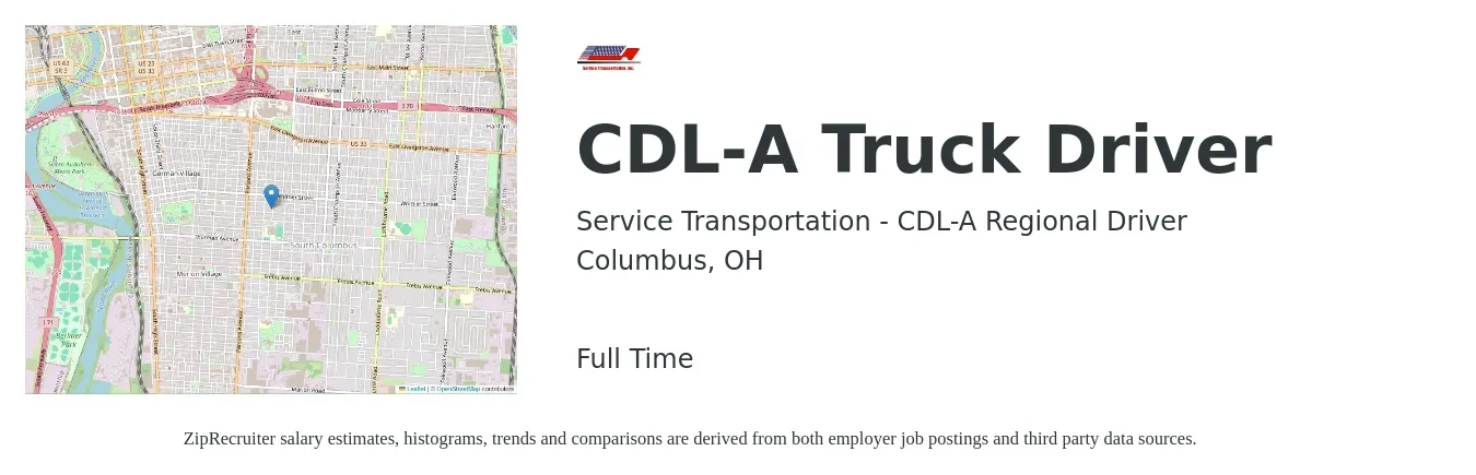Service Transportation - CDL-A Regional Driver job posting for a CDL-A Truck Driver in Columbus, OH with a salary of $1,500 to $1,800 Weekly and benefits including retirement with a map of Columbus location.
