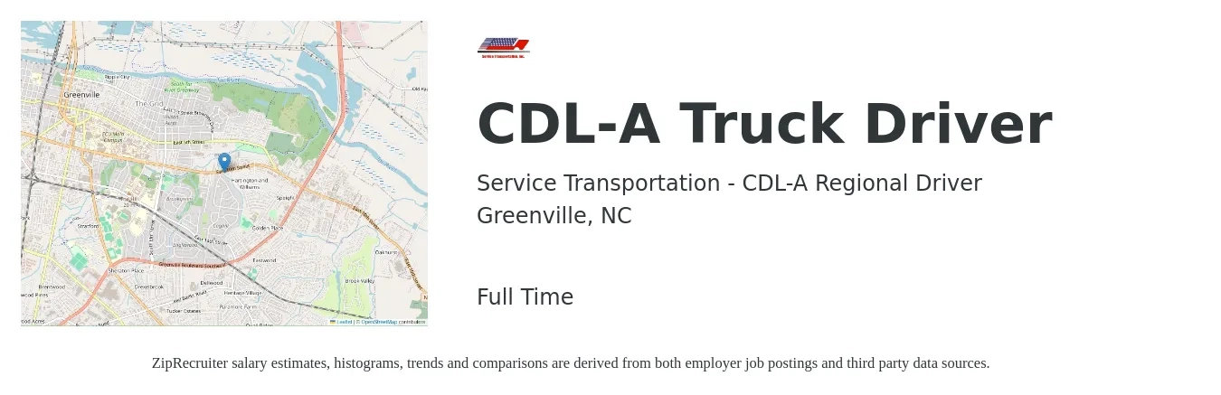 Service Transportation - CDL-A Regional Driver job posting for a CDL-A Truck Driver in Greenville, NC with a salary of $1,500 to $1,800 Weekly and benefits including retirement with a map of Greenville location.