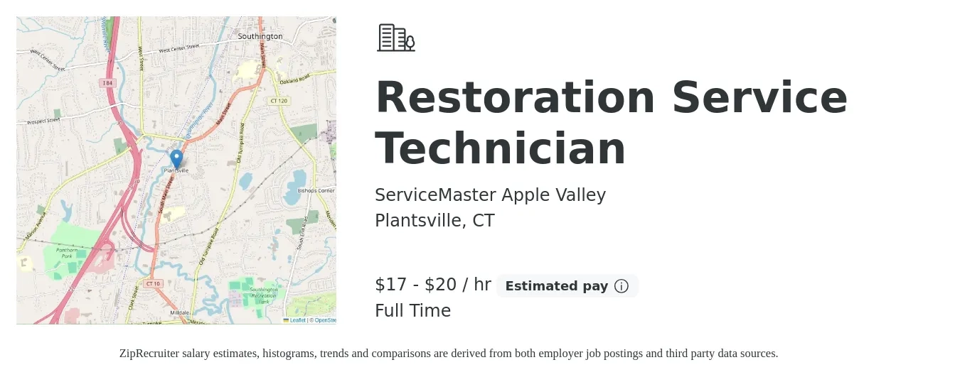 ServiceMaster Apple Valley job posting for a Restoration Service Technician in Plantsville, CT with a salary of $18 to $21 Hourly with a map of Plantsville location.