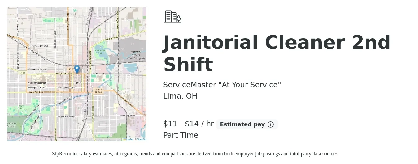 ServiceMaster "At Your Service" job posting for a Janitorial Cleaner 2nd Shift in Lima, OH with a salary of $12 to $15 Hourly with a map of Lima location.
