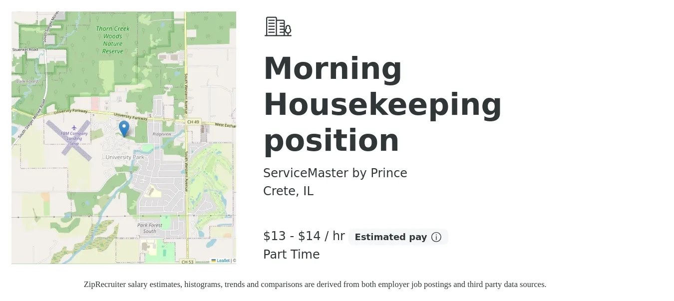 ServiceMaster by Prince job posting for a Morning Housekeeping position in Crete, IL with a salary of $14 to $15 Hourly with a map of Crete location.