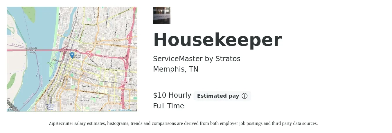 ServiceMaster by Stratos job posting for a Housekeeper in Memphis, TN with a salary of $9 Hourly with a map of Memphis location.