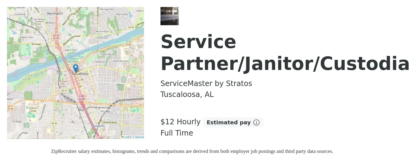 ServiceMaster by Stratos job posting for a Service Partner/Janitor/Custodian in Tuscaloosa, AL with a salary of $11 Hourly with a map of Tuscaloosa location.