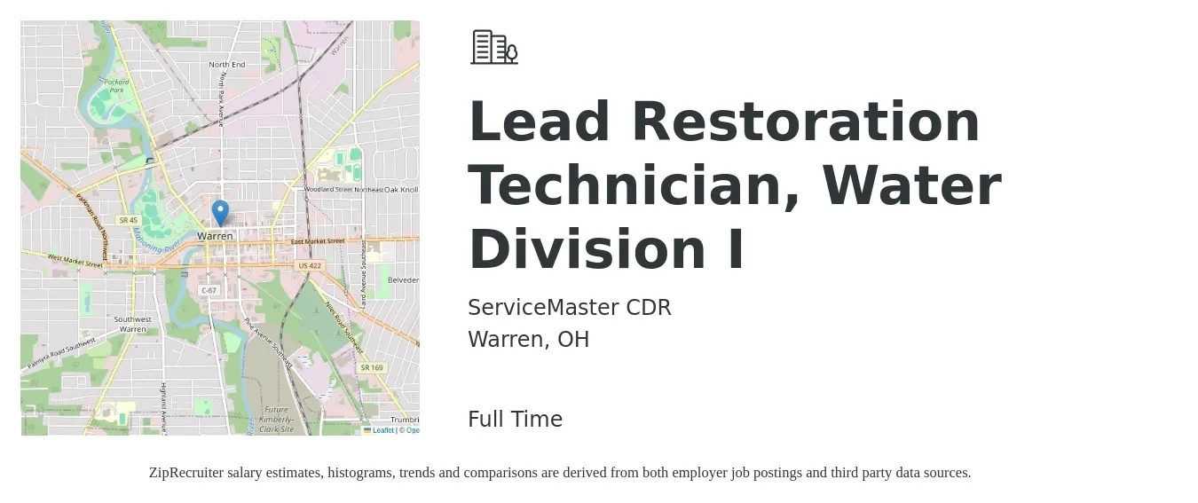 ServiceMaster CDR job posting for a Lead Restoration Technician, Water Division I in Warren, OH with a salary of $20 to $27 Hourly with a map of Warren location.