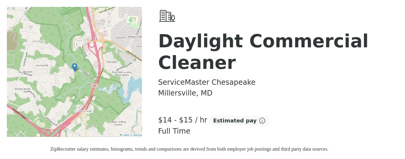 ServiceMaster Chesapeake job posting for a Daylight Commercial Cleaner in Millersville, MD with a salary of $15 to $16 Hourly with a map of Millersville location.