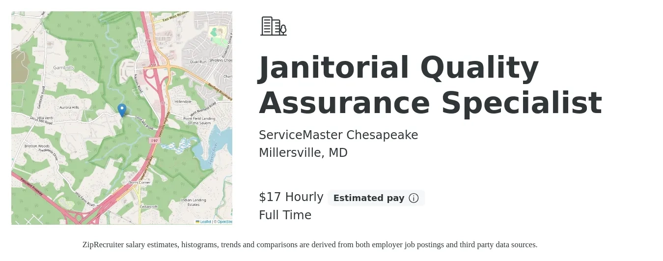 ServiceMaster Chesapeake job posting for a Janitorial Quality Assurance Specialist in Millersville, MD with a salary of $18 Hourly with a map of Millersville location.