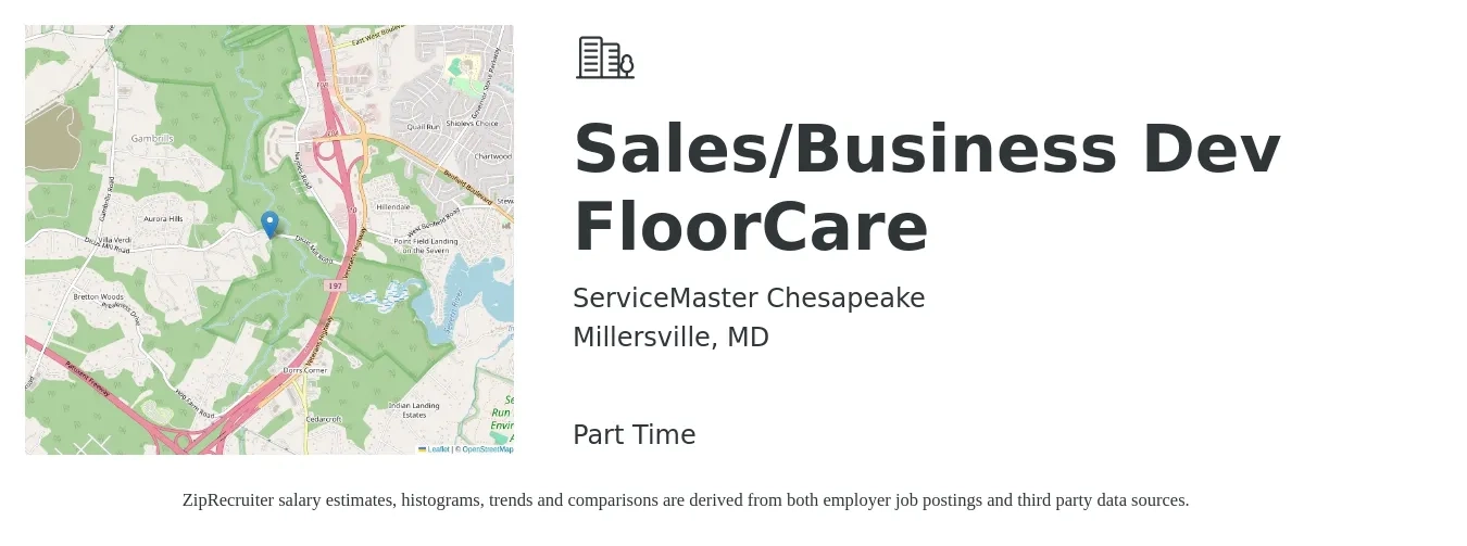 ServiceMaster Chesapeake job posting for a Sales/Business Dev FloorCare in Millersville, MD with a salary of $2,000 to $2,500 Monthly with a map of Millersville location.