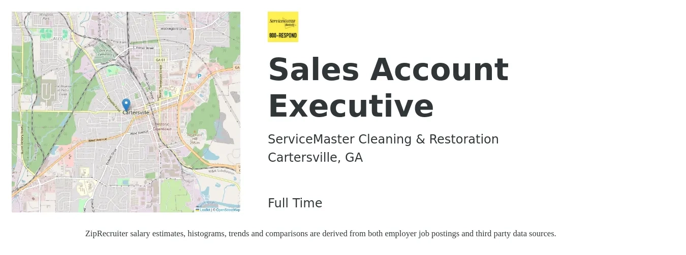 ServiceMaster Cleaning & Restoration job posting for a Sales Account Executive in Cartersville, GA with a salary of $47,600 to $74,700 Yearly with a map of Cartersville location.
