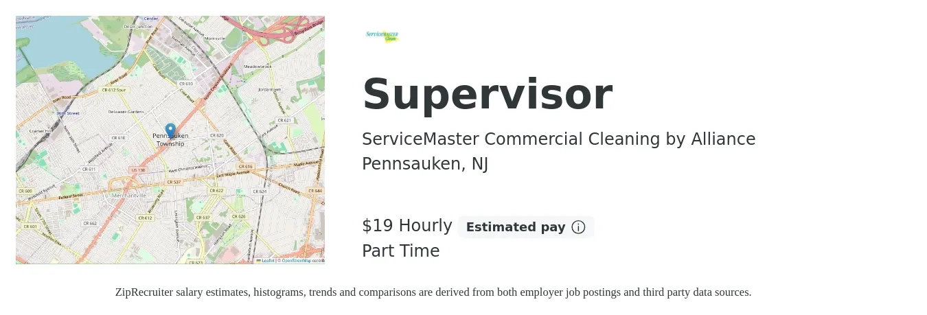 ServiceMaster Commercial Cleaning by Alliance job posting for a Supervisor in Pennsauken, NJ with a salary of $20 Hourly with a map of Pennsauken location.